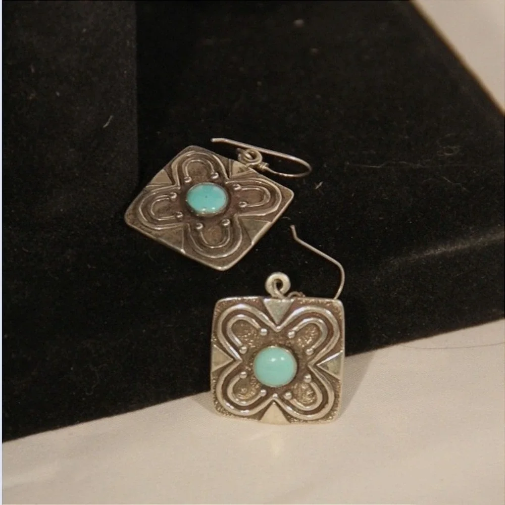 Vintage Sterling Silver 925 Turquoise Square Floral Drop Earrings French Hook - Picture 4 of 7